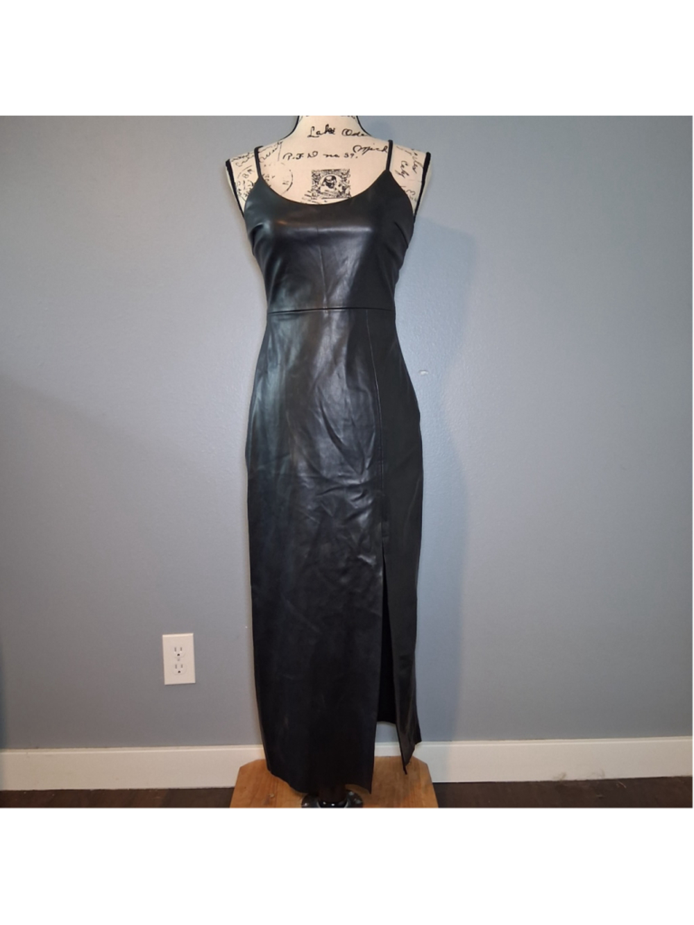 Zara Black Faux Leather Midi Dress Size Small Crisscross Strap w Side Slit